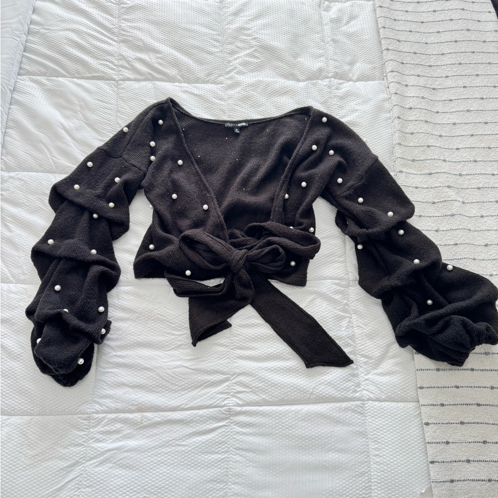 Fashion Nova Black Tie Sweater with Pearl Details - Picture 3 of 6